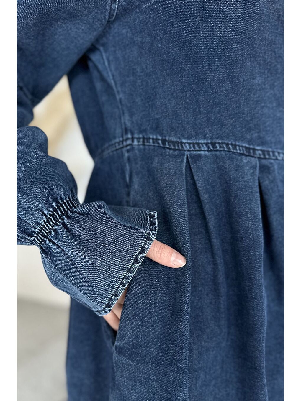 Mavi Ön Düğmeli Tesettür Jean Jean Elbise-7