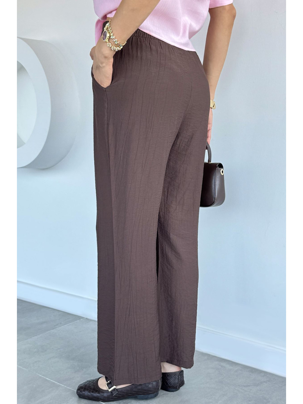 Kahverengi Çimalı Bol Paça Pantolon-3