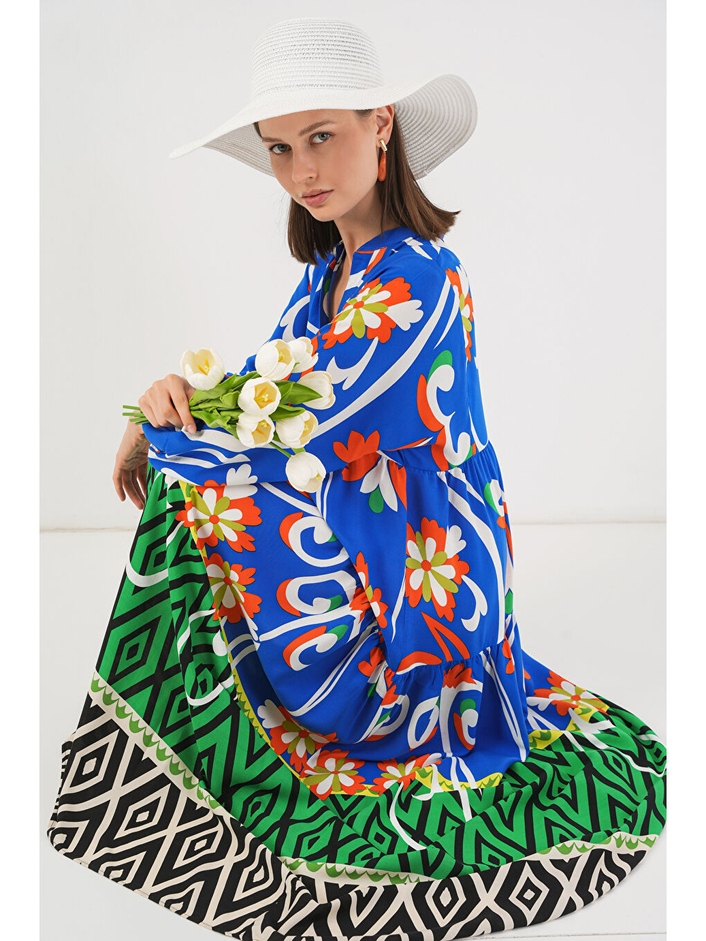 Kadın Desenli Uzun Tesettür Elbise 2585 - A.Turuncu-2