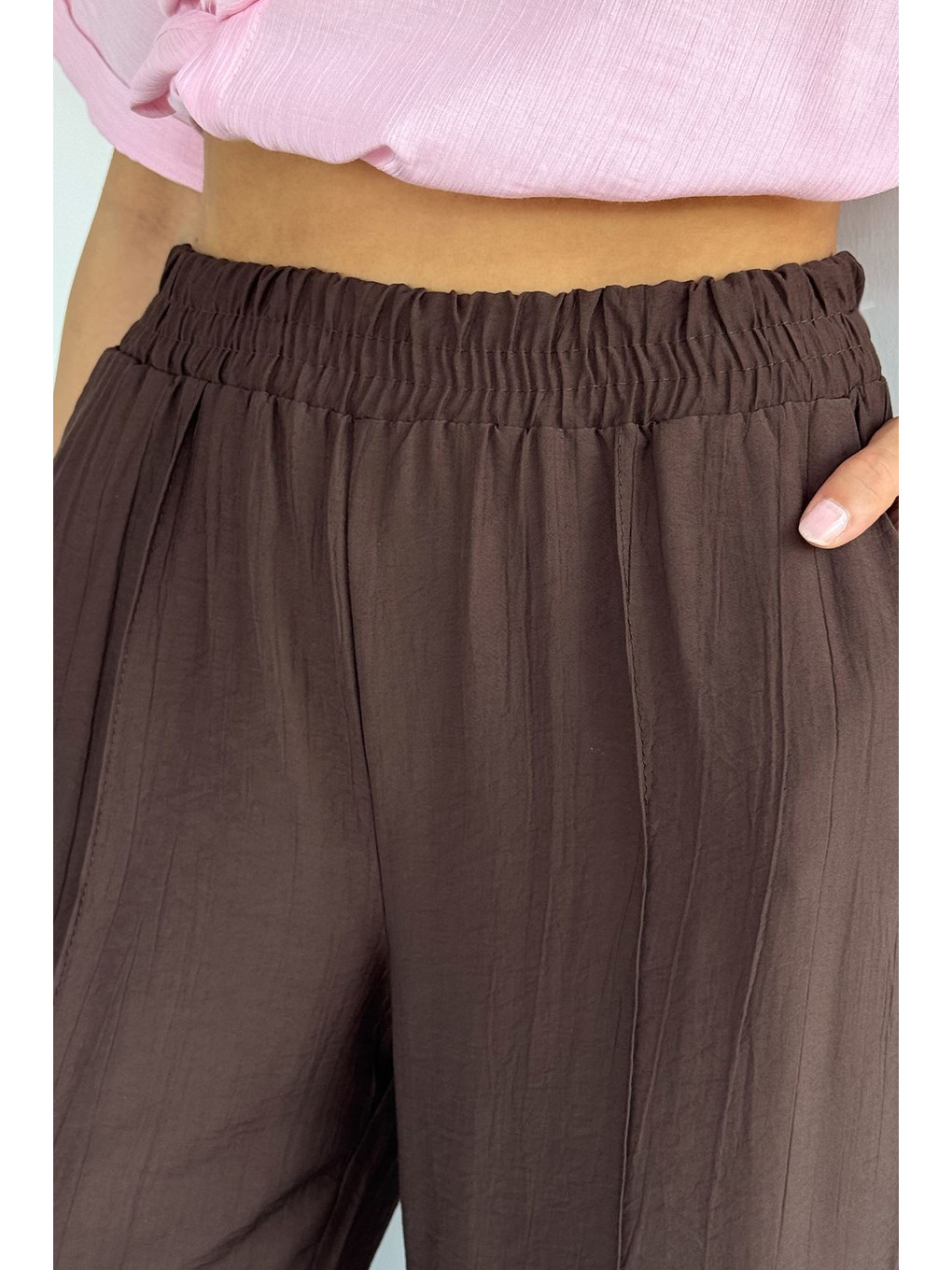 Kahverengi Çimalı Bol Paça Pantolon-4