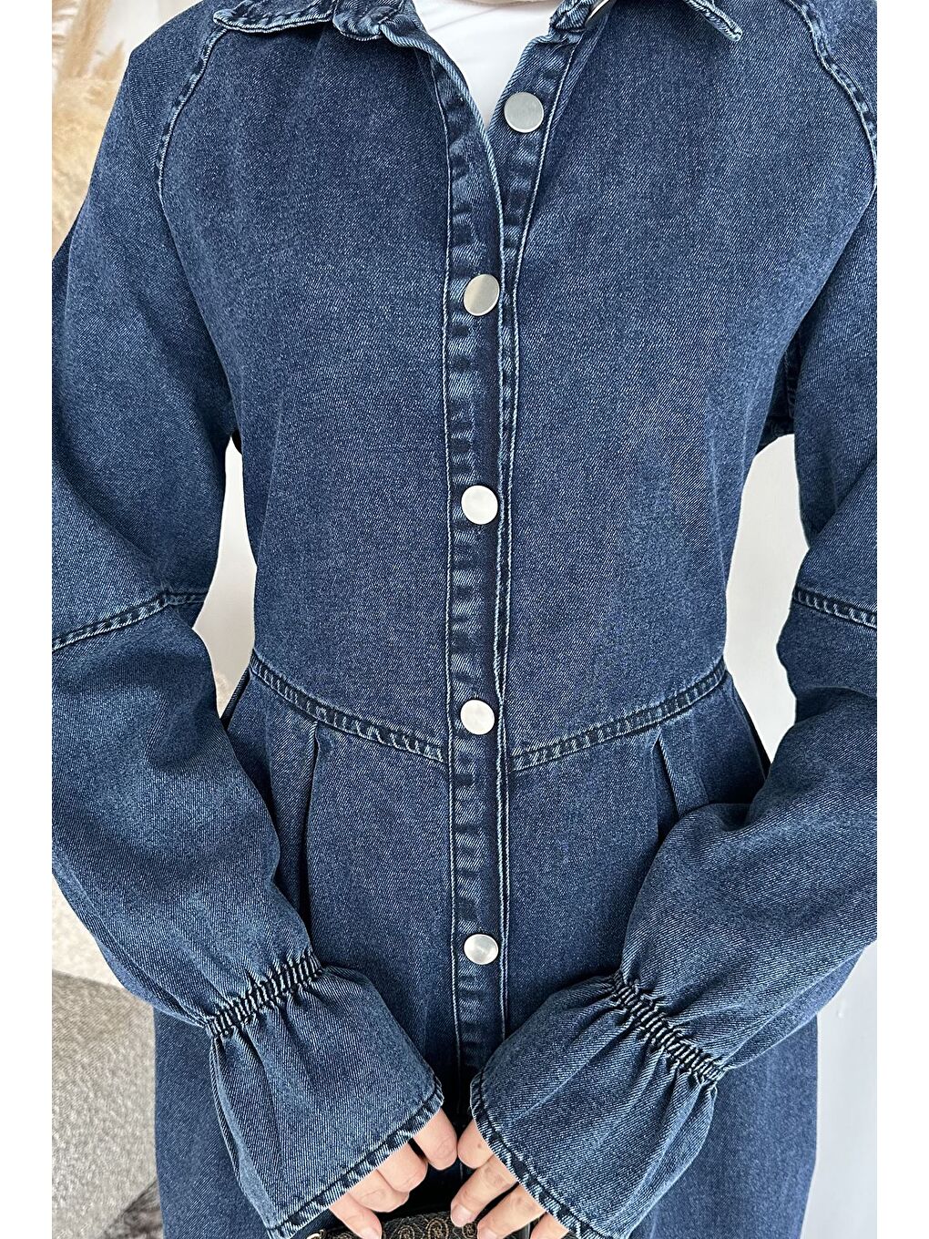 Mavi Ön Düğmeli Tesettür Jean Jean Elbise-9