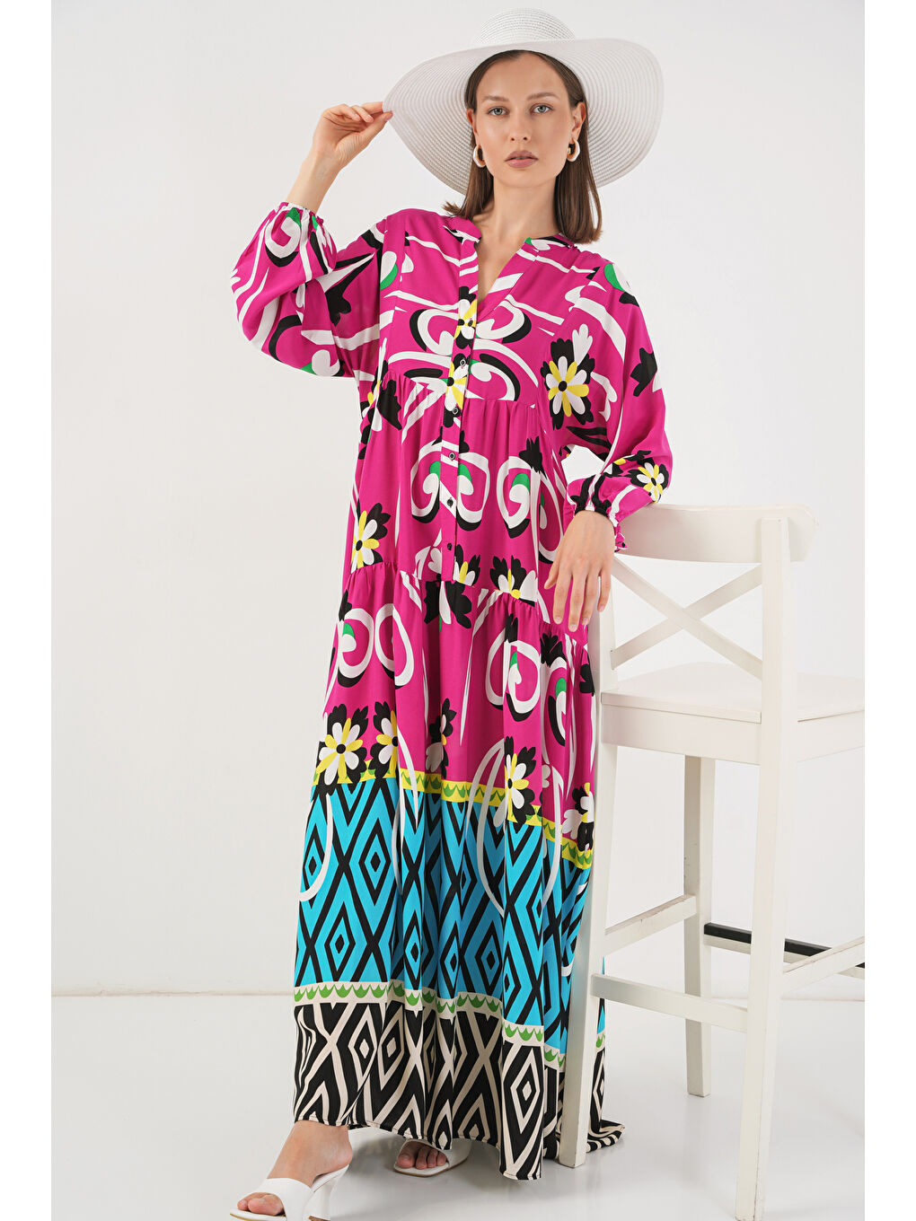 Kadın Desenli Uzun Tesettür Elbise 2585 - A.Fuşya-2