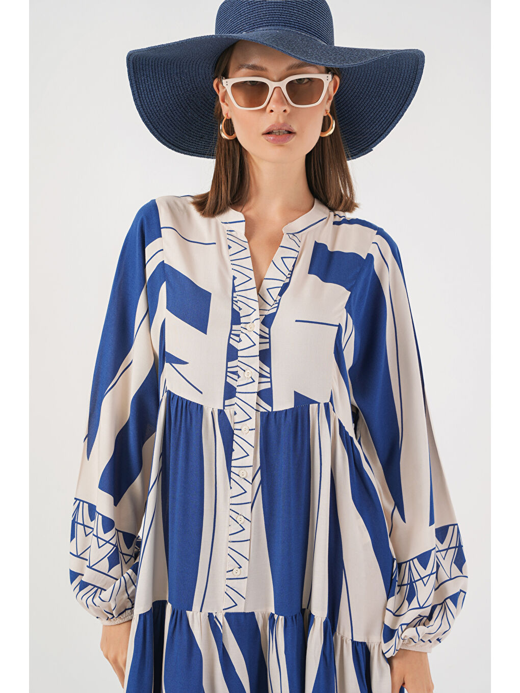 Antrasit Kadın Desenli Uzun Tesettür Elbise 2585 - C. İndigo-2