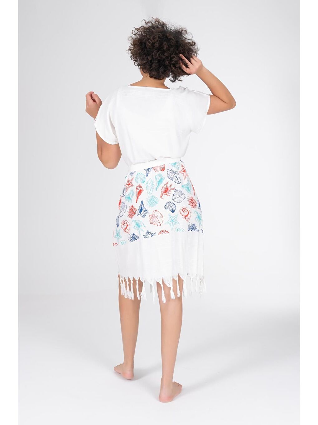 Ekru Baskılı Bambu Plaj Elbisesi-4