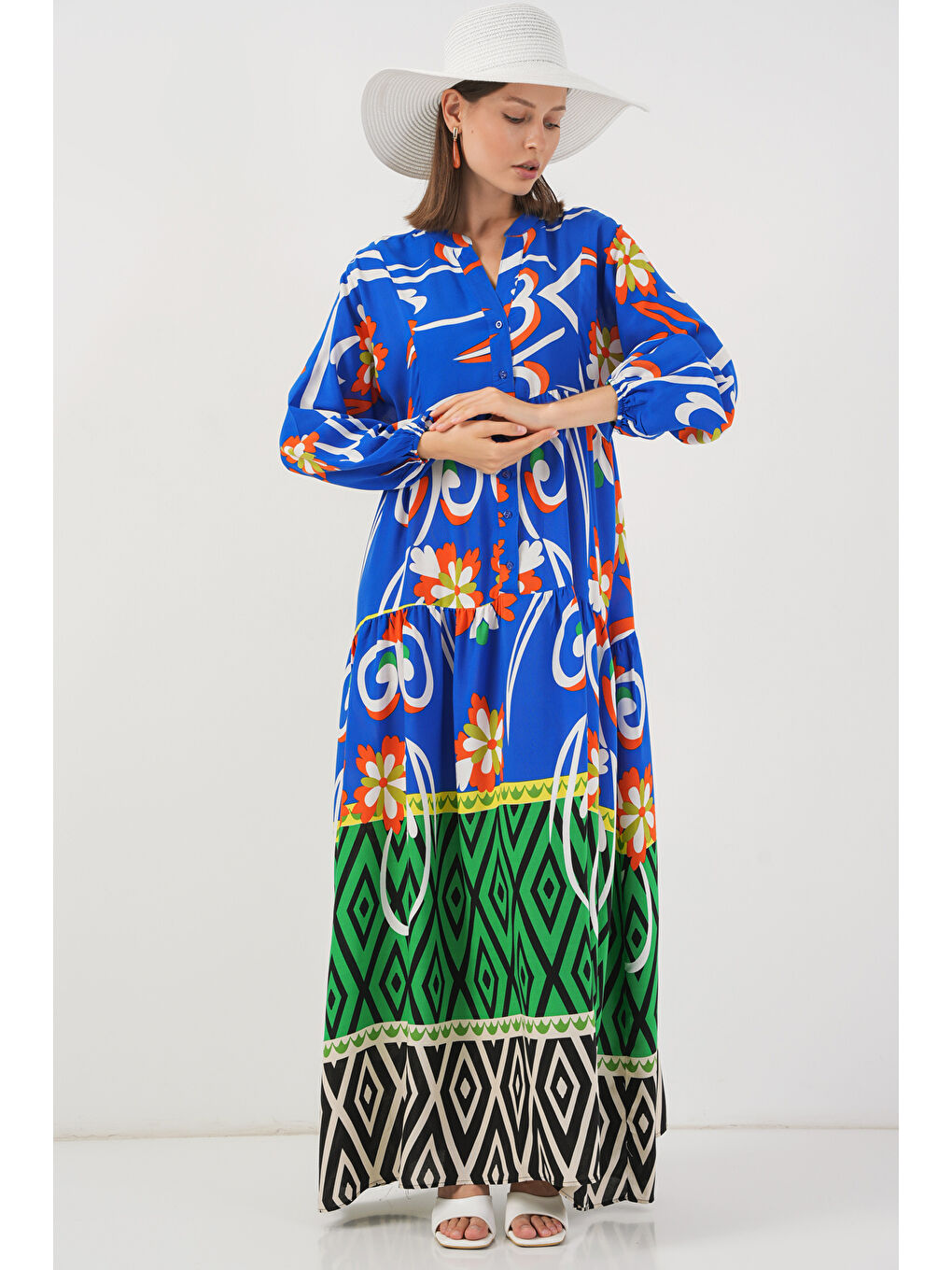 Kadın Desenli Uzun Tesettür Elbise 2585 - A.Turuncu-3