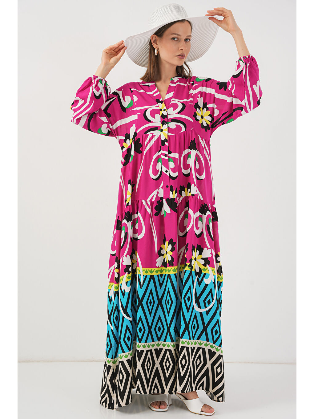 Kadın Desenli Uzun Tesettür Elbise 2585 - A.Fuşya-3