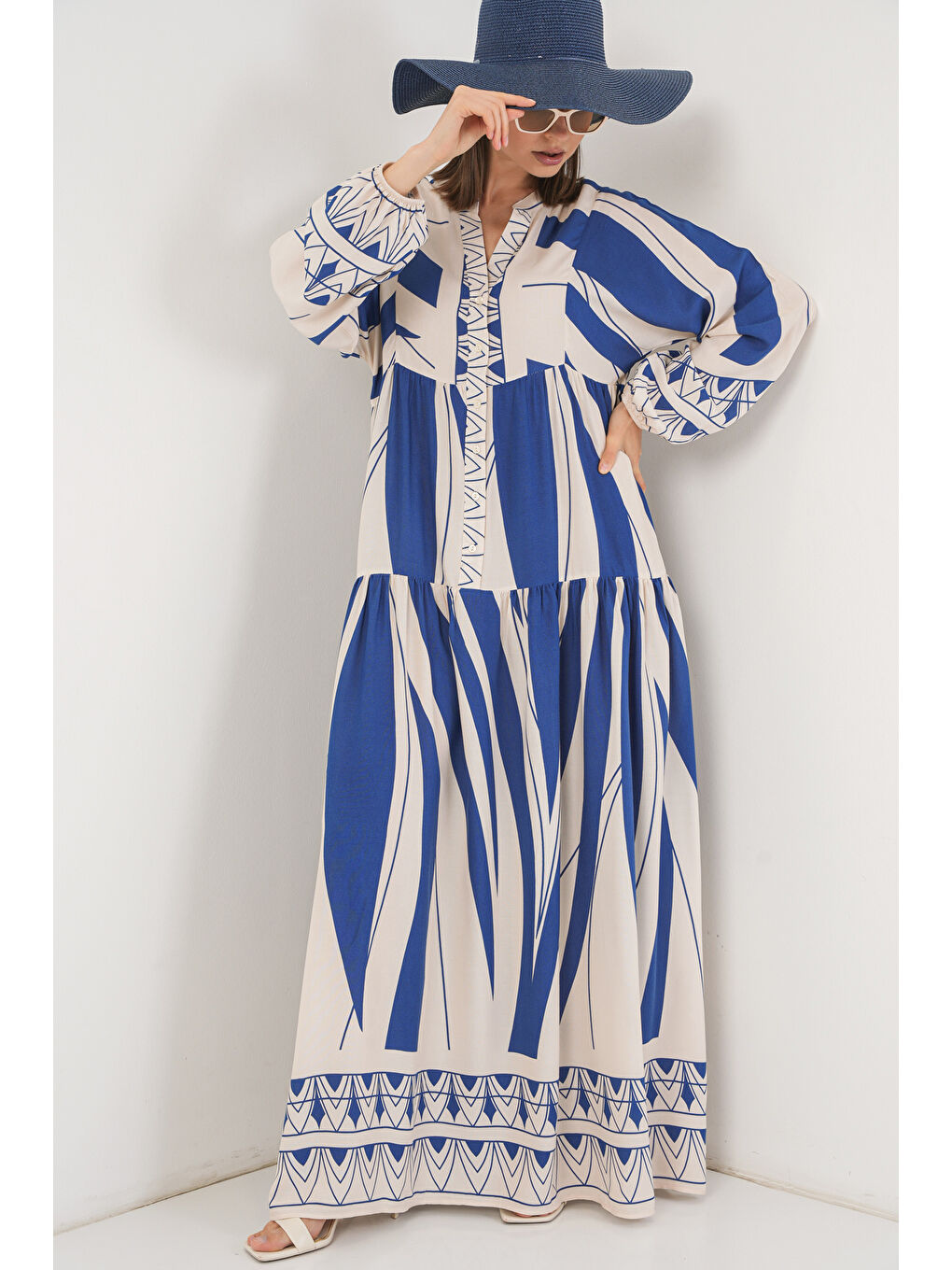 Antrasit Kadın Desenli Uzun Tesettür Elbise 2585 - C. İndigo-3