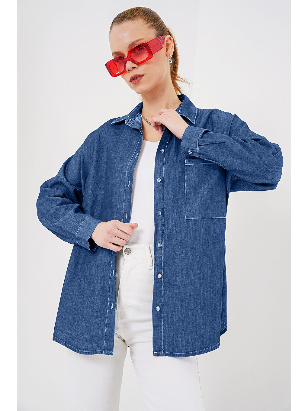 Kadın Oversize Jean Gömlek 20280   Lacivert
