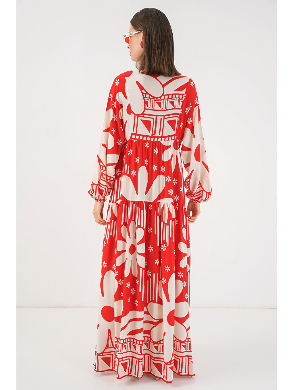 Kadın Desenli Uzun Tesettür Elbise 2585 - N. Kırmızı-5