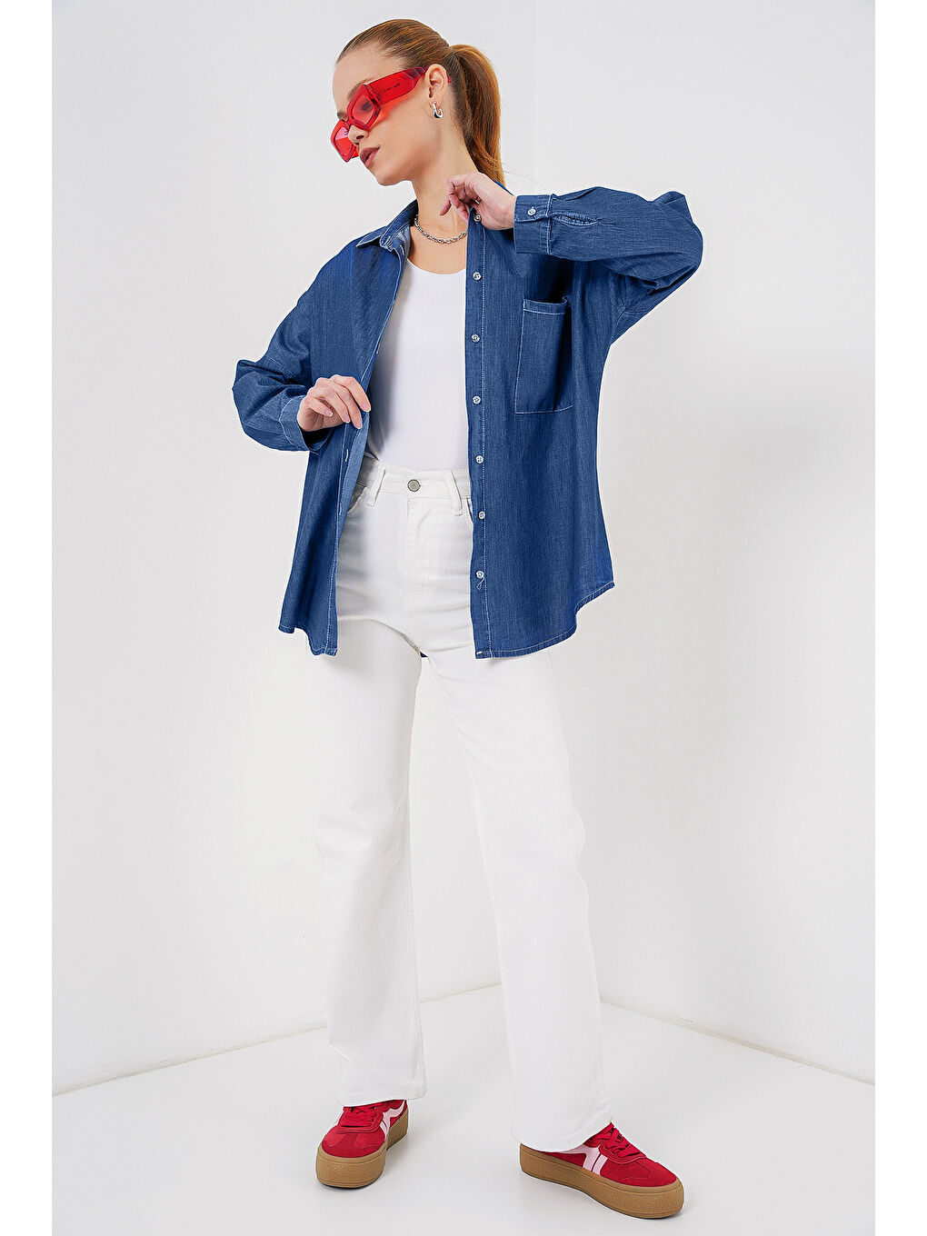 Kadın Oversize Jean Gömlek 20280   Lacivert-1