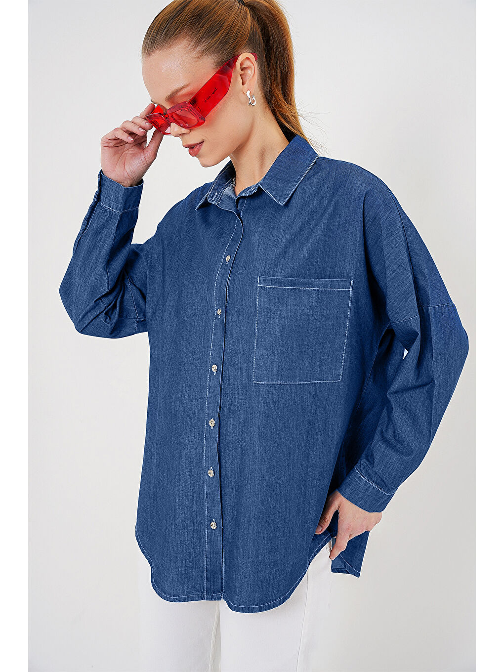 Kadın Oversize Jean Gömlek 20280   Lacivert-2