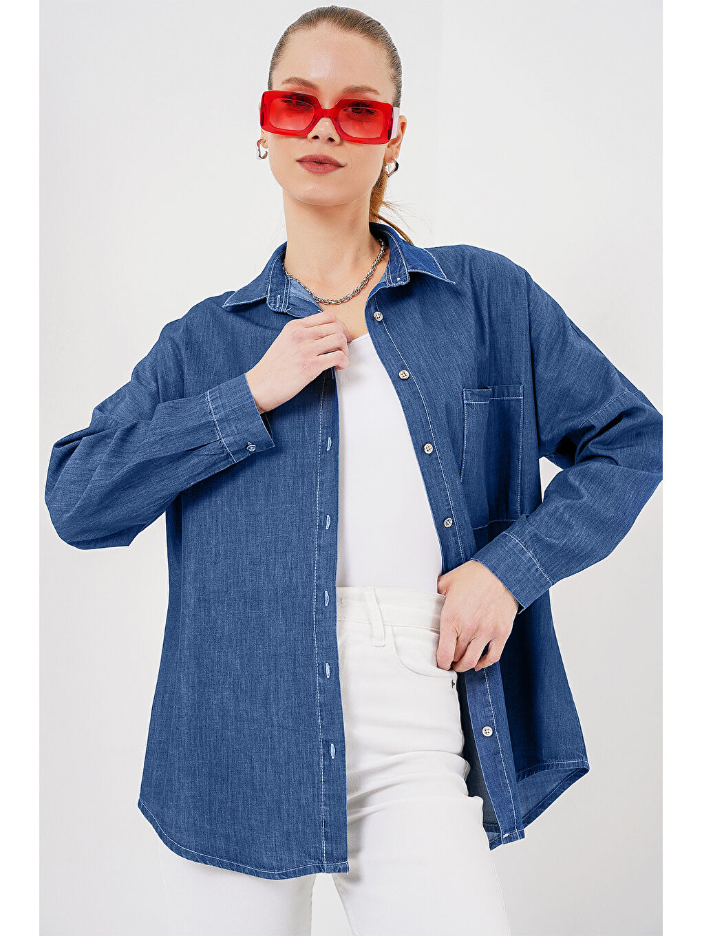 Kadın Oversize Jean Gömlek 20280   Lacivert-3