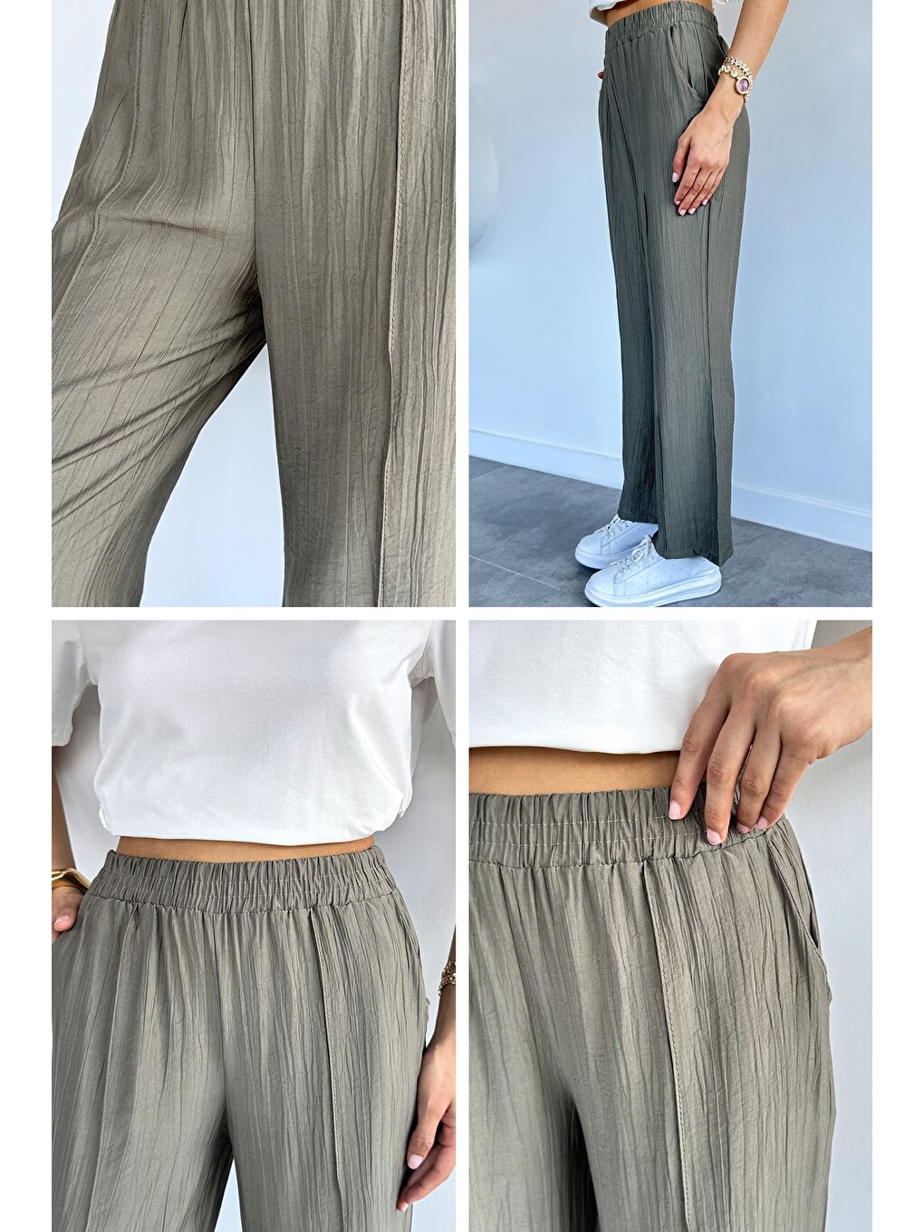 Haki Çimalı Bol Paça Pantolon-2