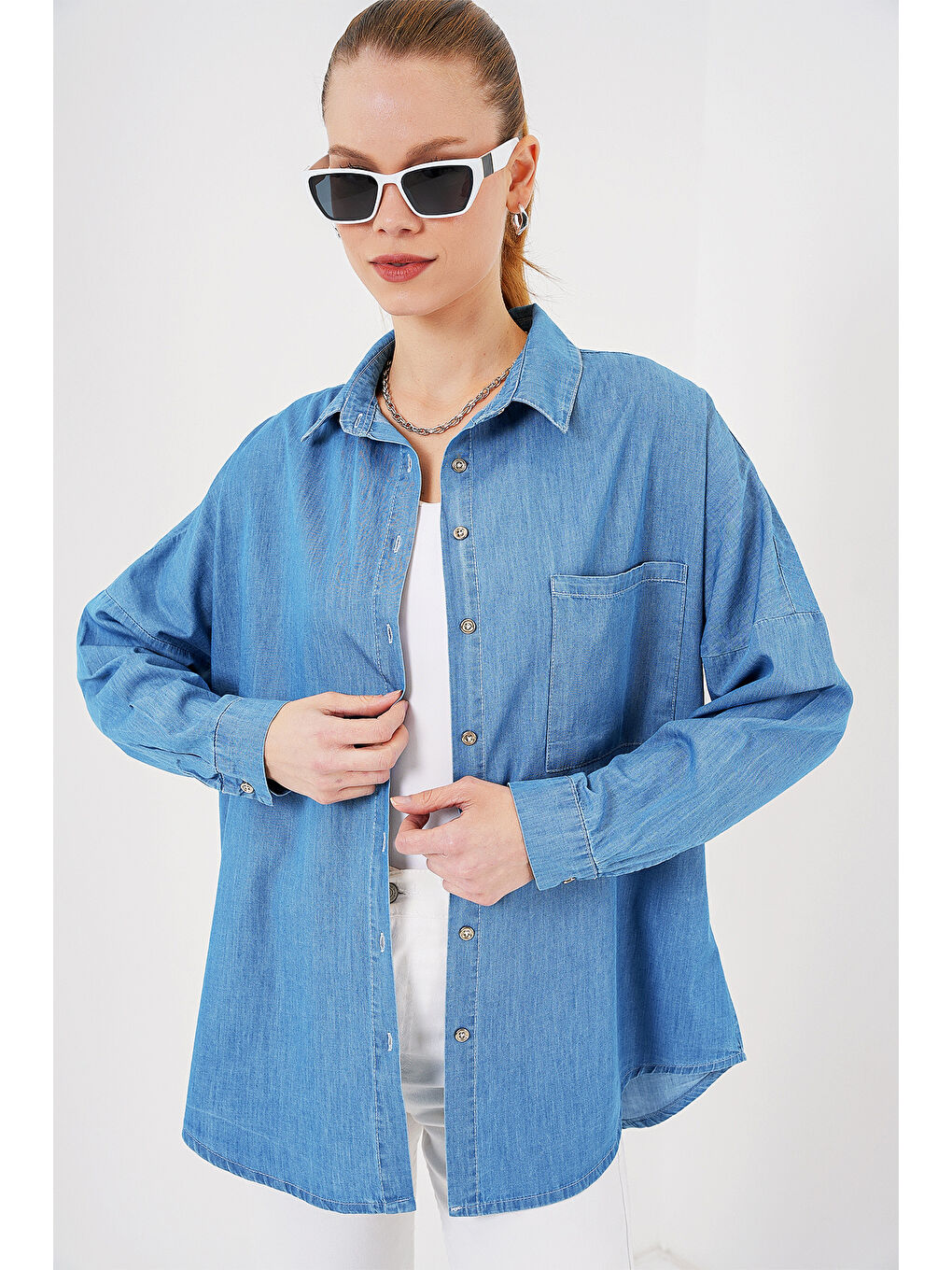 Kadın Oversize Jean Gömlek 20280   Mavi