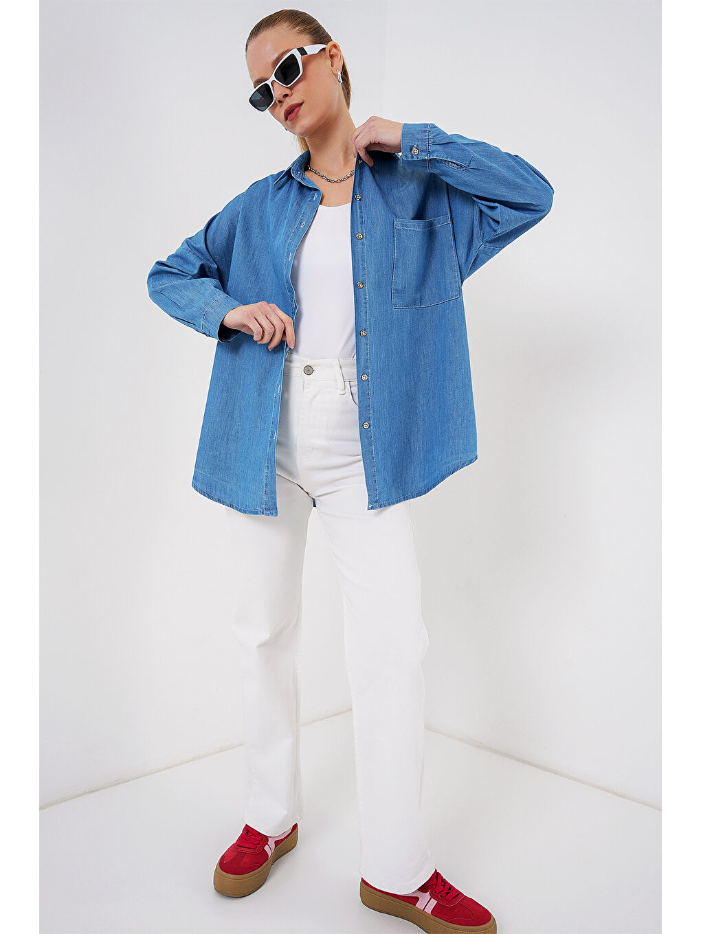 Kadın Oversize Jean Gömlek 20280   Mavi-1