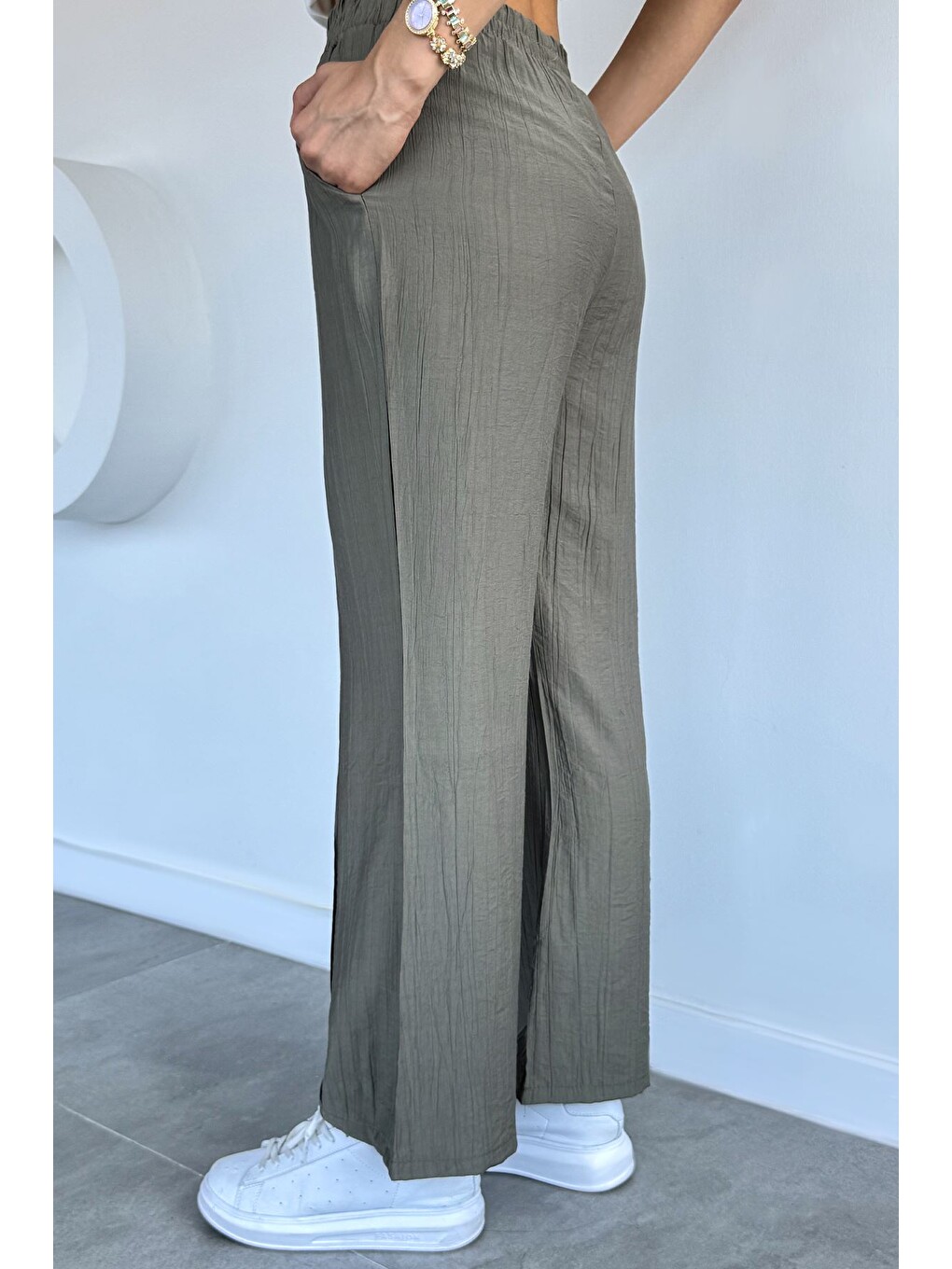 Haki Çimalı Bol Paça Pantolon-3