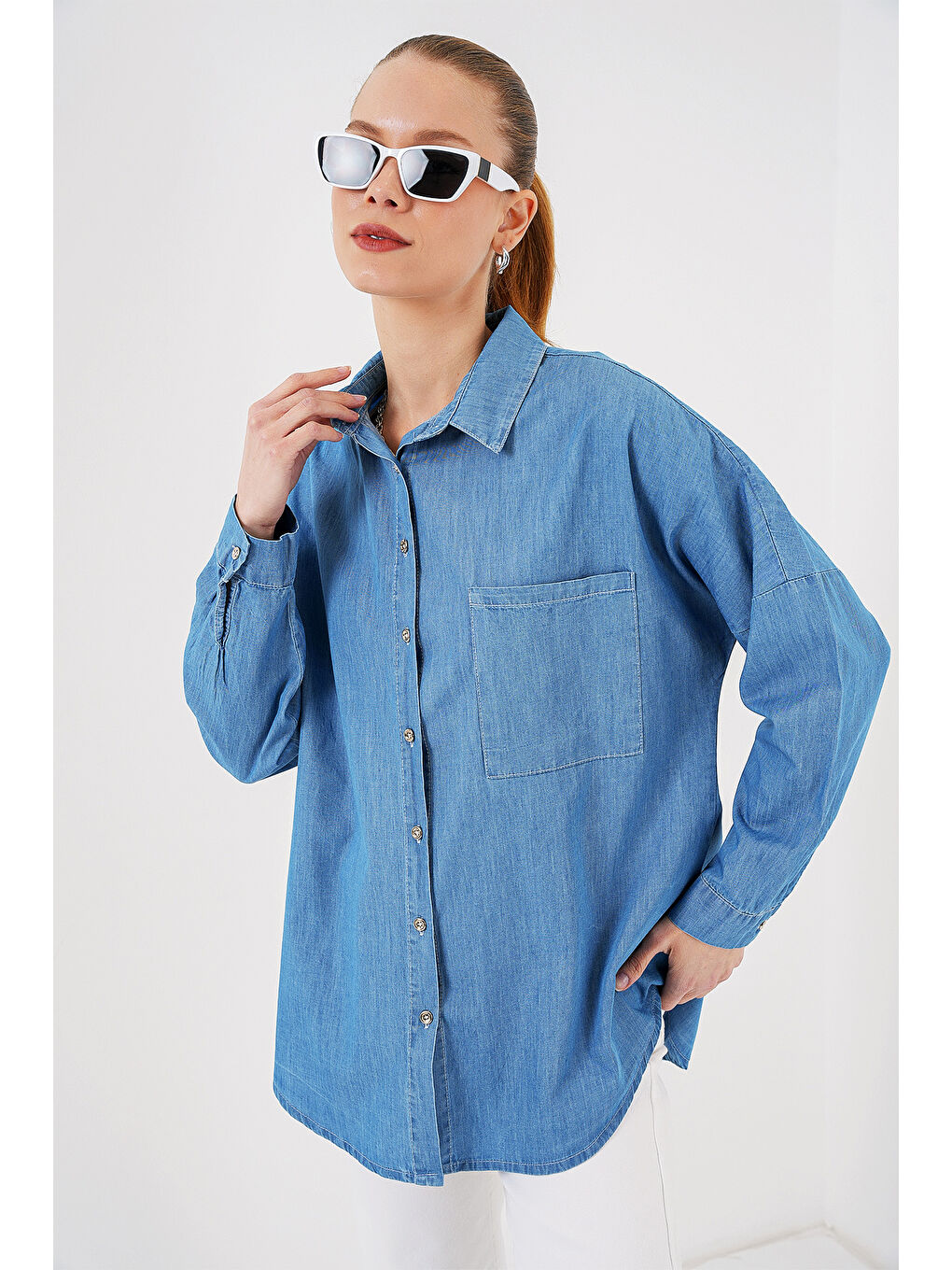 Kadın Oversize Jean Gömlek 20280   Mavi-2