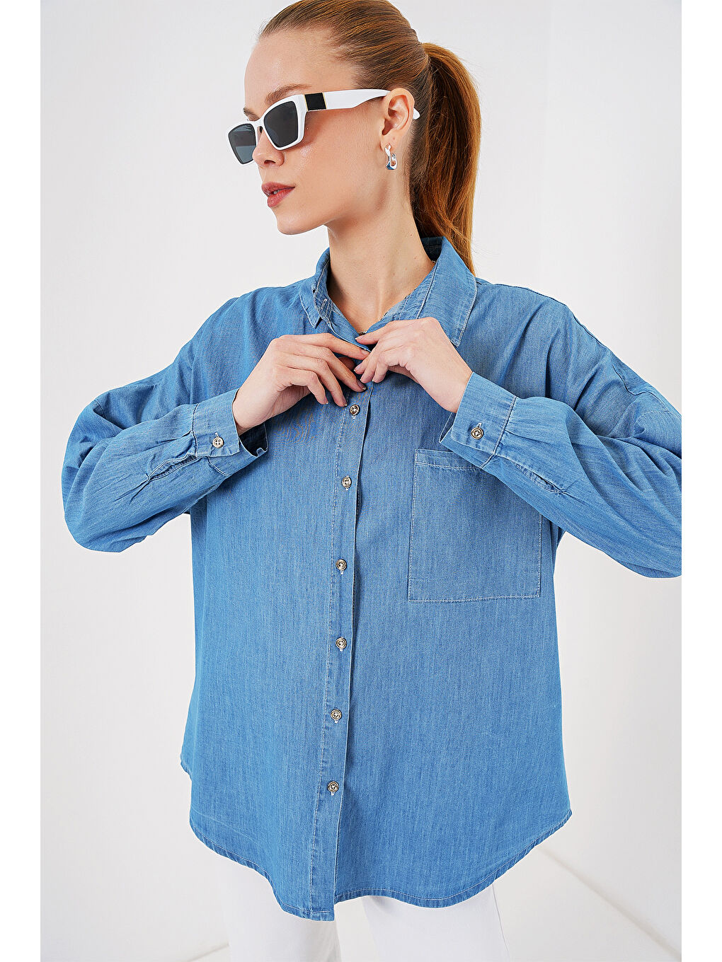 Kadın Oversize Jean Gömlek 20280   Mavi-3