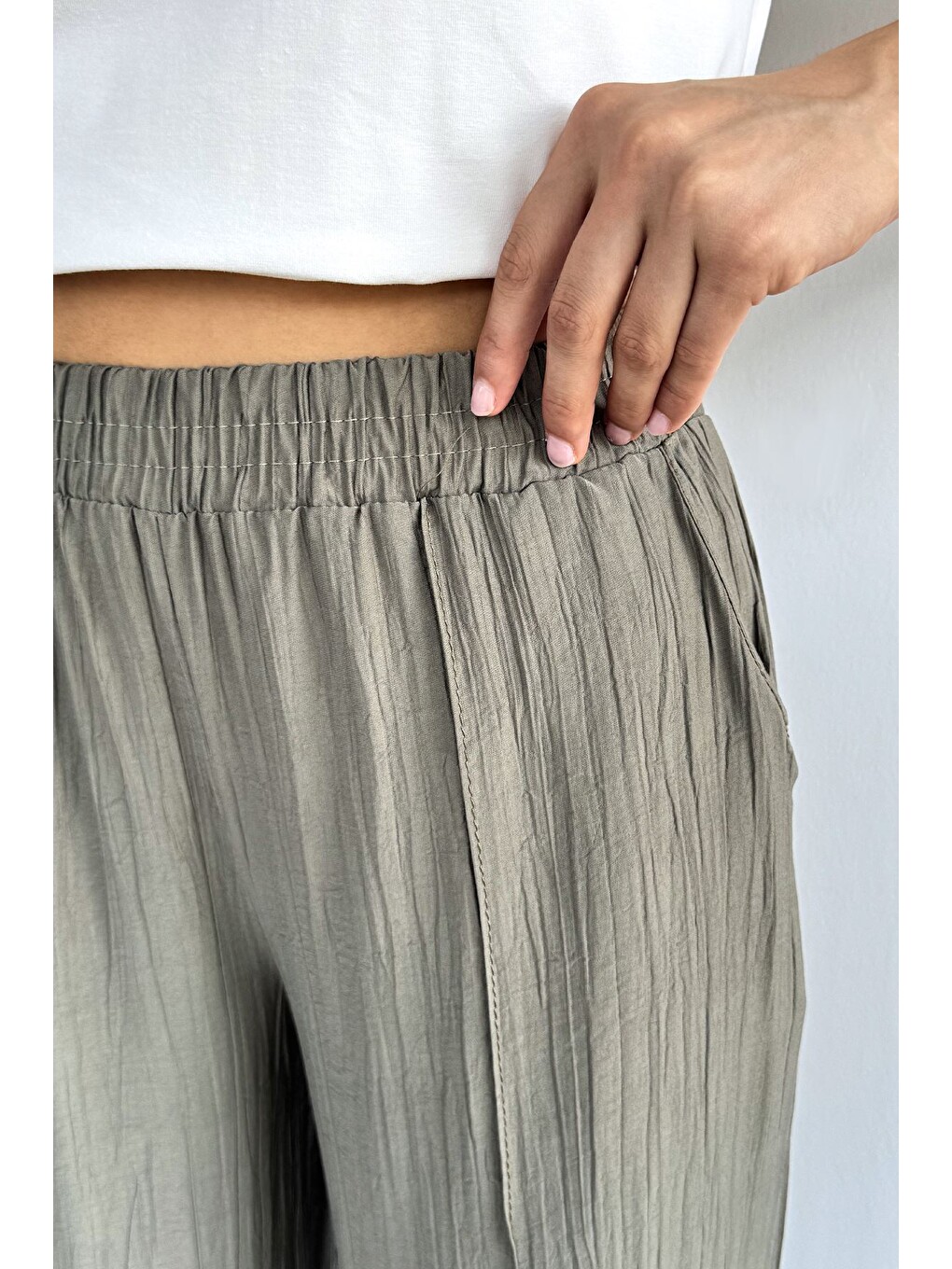 Haki Çimalı Bol Paça Pantolon-5