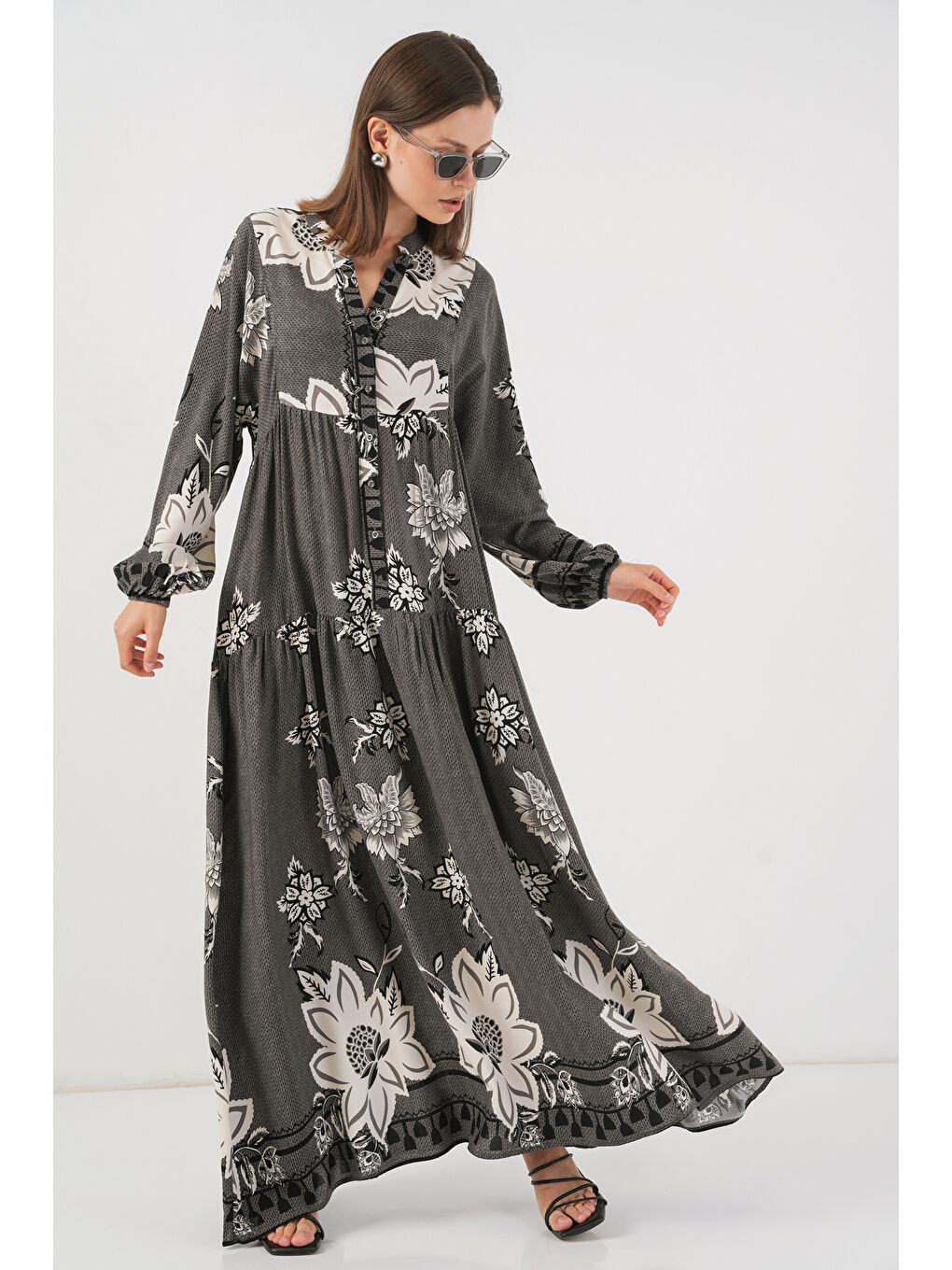 Kadın Desenli Uzun Tesettür Elbise 2585 - Antrasit