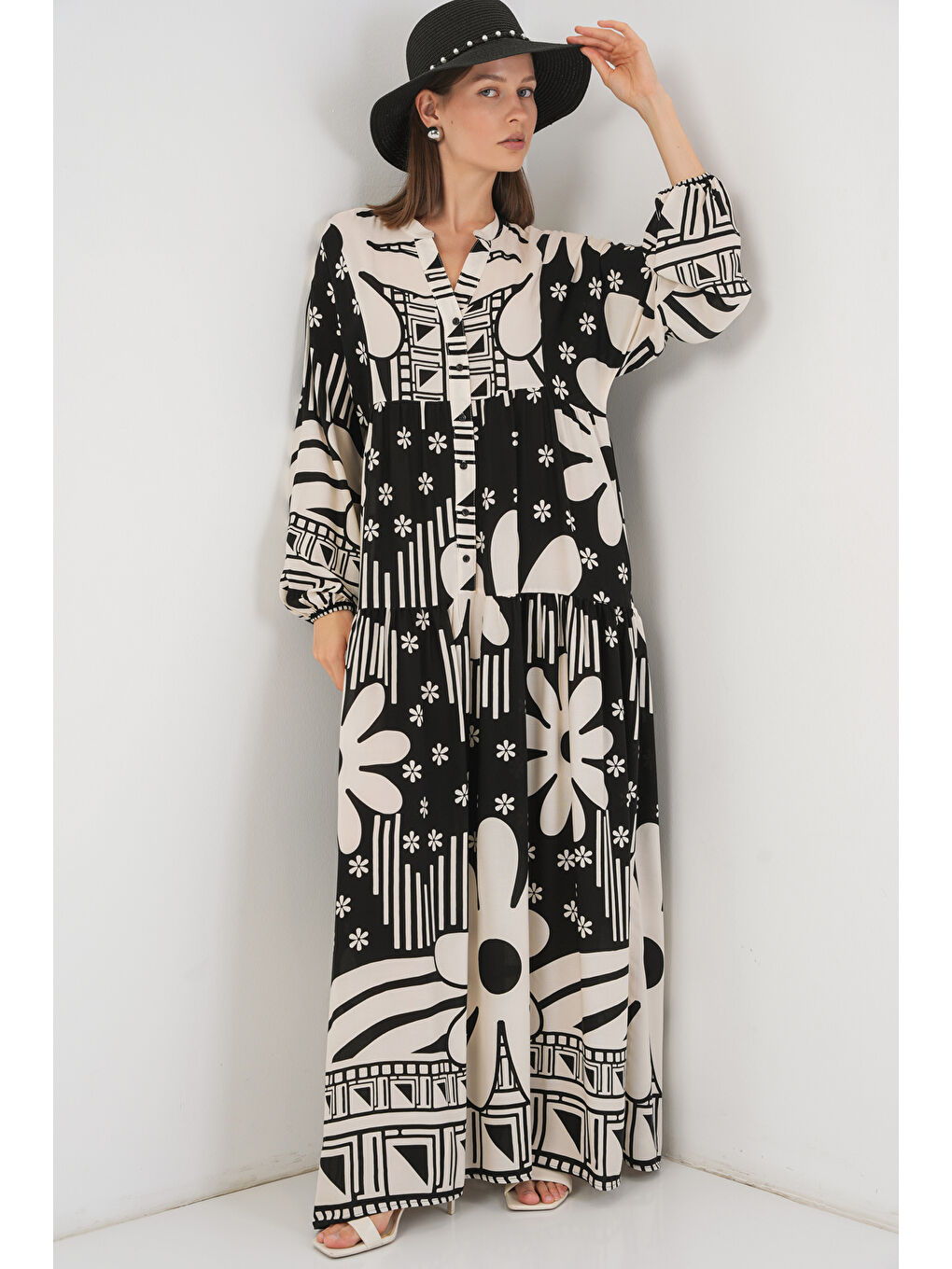 Kadın Desenli Uzun Tesettür Elbise 2585 - D. Siyah