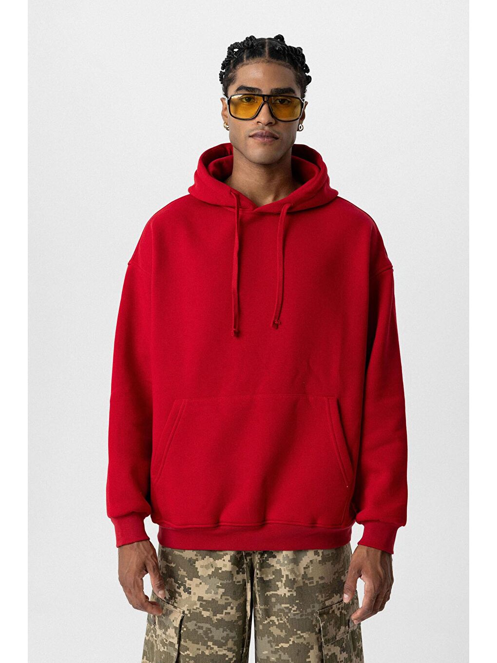 Basıc Oversize Kapüşonlu Cep Detaylı Hoodie Kırmızı