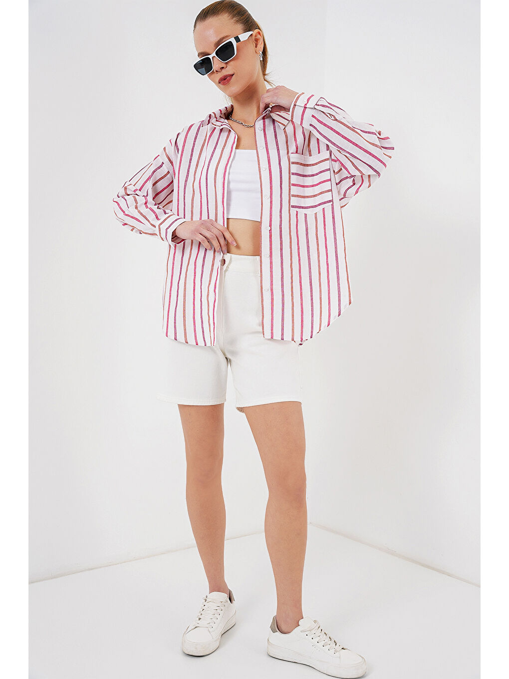 Kadın Çizgili Oversize Gömlek 20278 - Kırmızı-1