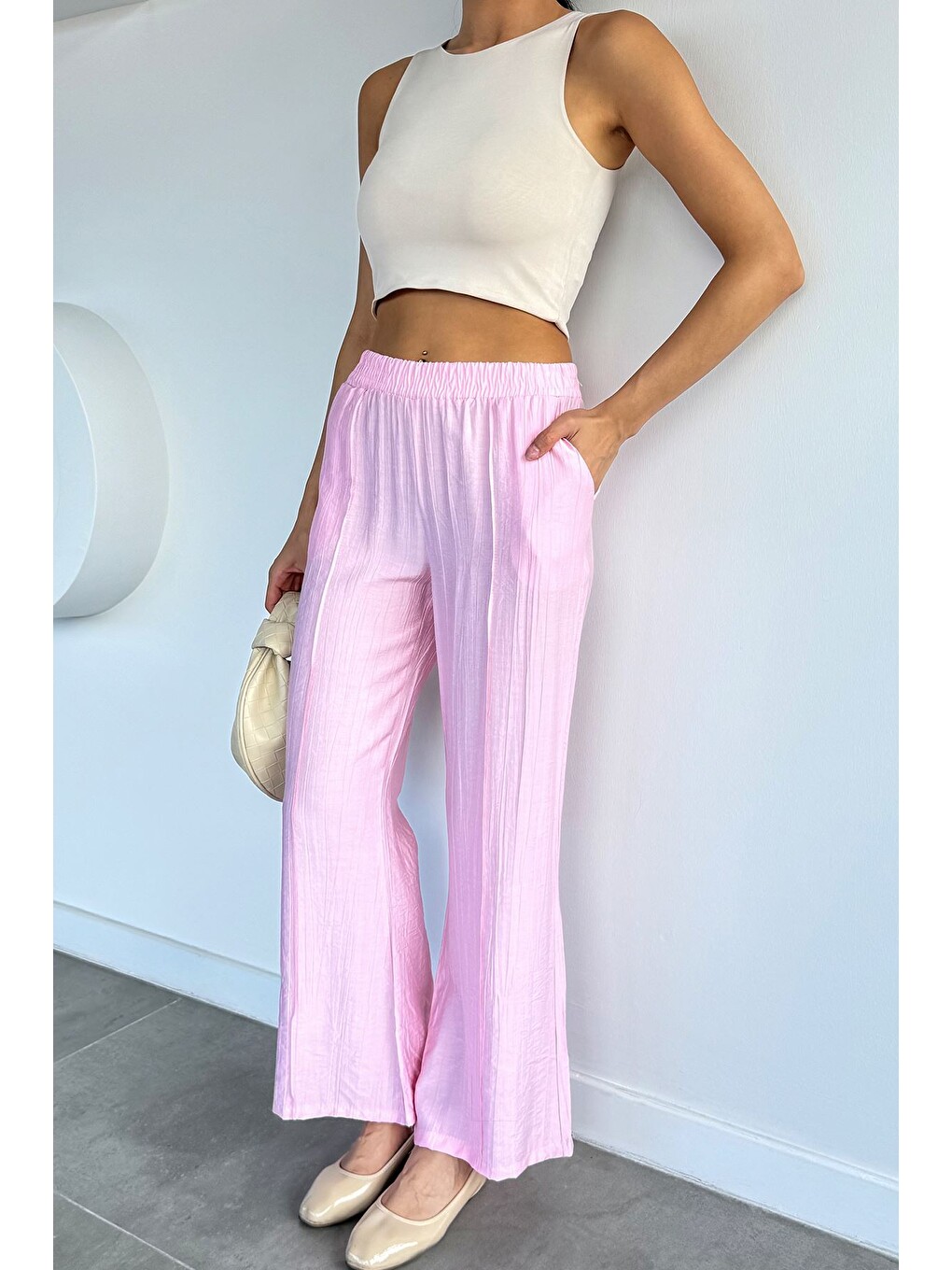 Pembe Çimalı Bol Paça Pantolon-1