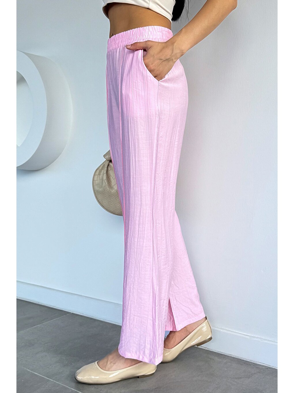 Pembe Çimalı Bol Paça Pantolon-2
