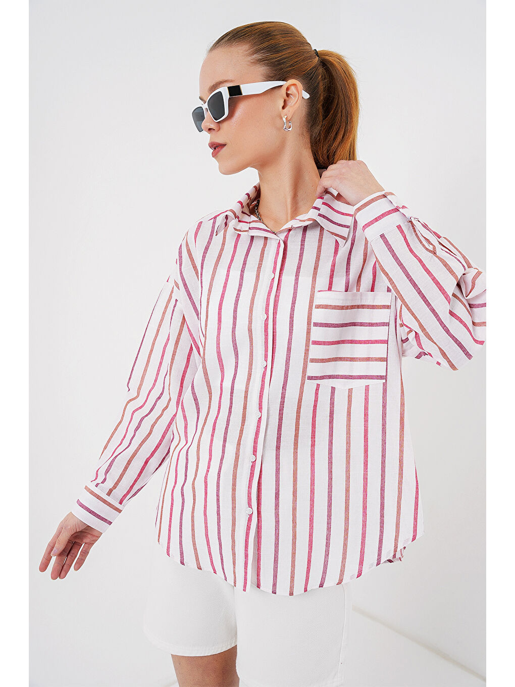 Kadın Çizgili Oversize Gömlek 20278 - Kırmızı-2