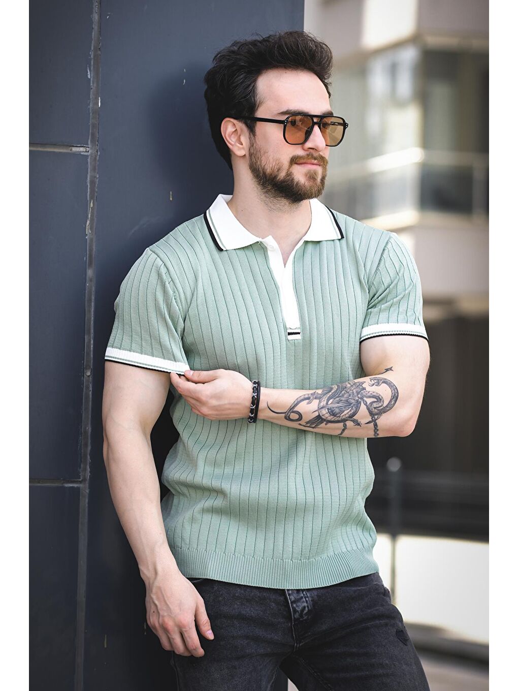 Yeşil Ferruc Çizgili Elastanlı Slim Fit Renkli Polo Yaka Örme Erkek Triko Tişört