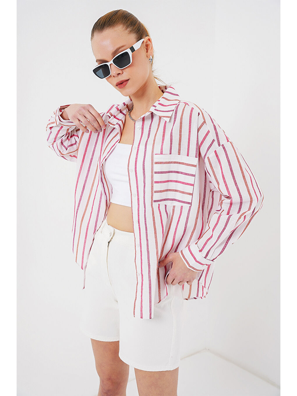 Kadın Çizgili Oversize Gömlek 20278 - Kırmızı-3