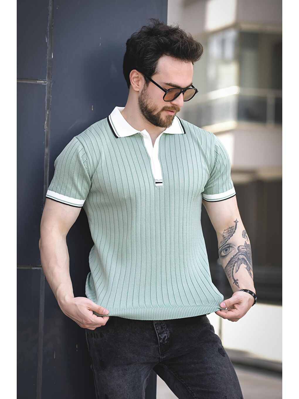 Yeşil Ferruc Çizgili Elastanlı Slim Fit Renkli Polo Yaka Örme Erkek Triko Tişört-1
