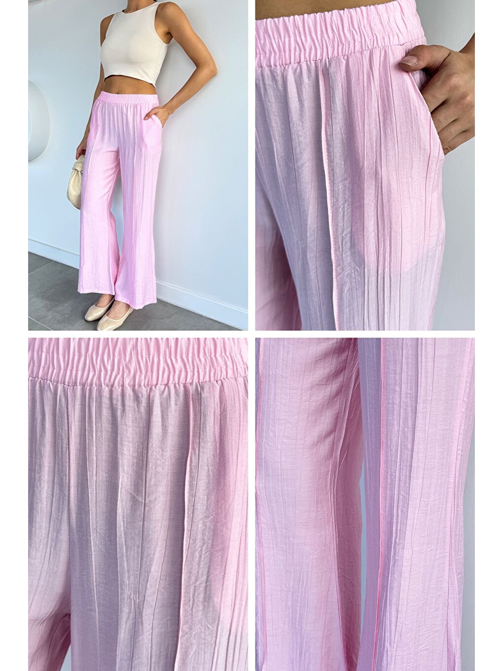 Pembe Çimalı Bol Paça Pantolon-4