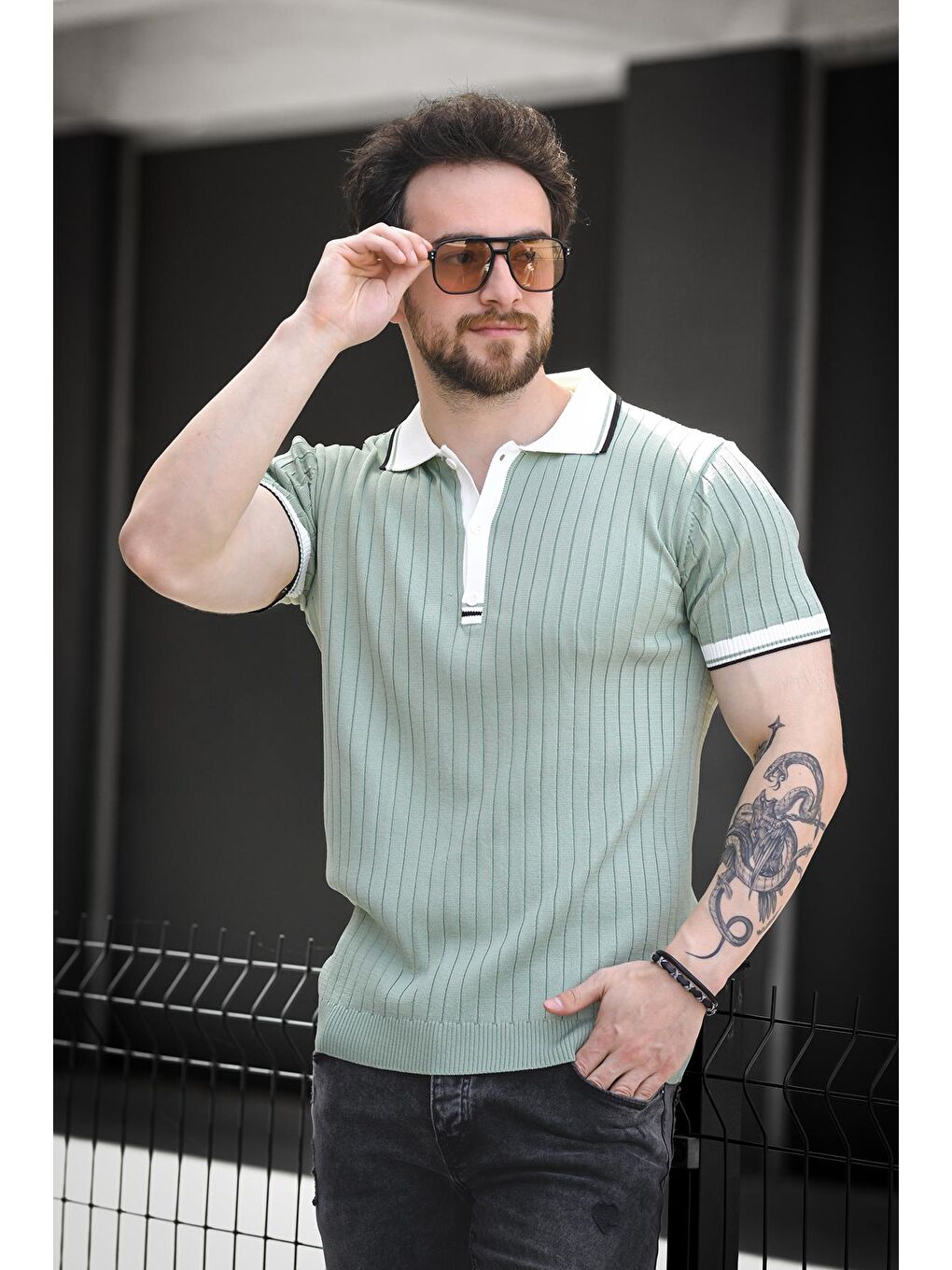 Yeşil Ferruc Çizgili Elastanlı Slim Fit Renkli Polo Yaka Örme Erkek Triko Tişört-2