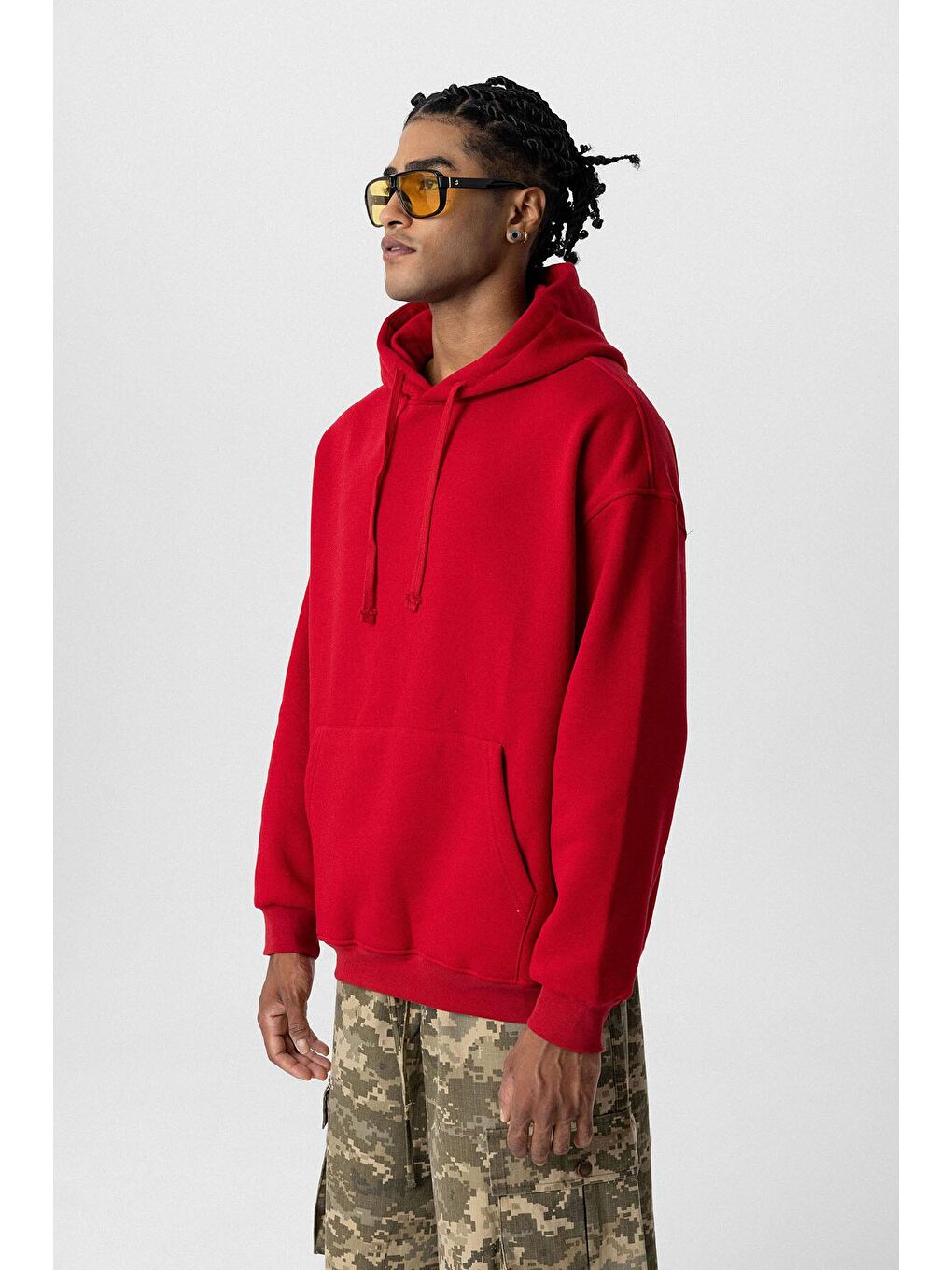 Basıc Oversize Kapüşonlu Cep Detaylı Hoodie Kırmızı-7