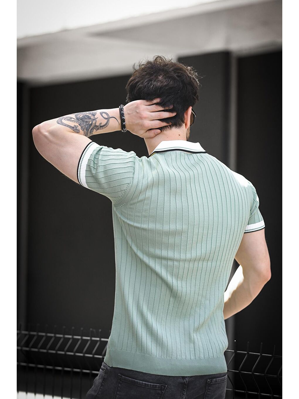 Yeşil Ferruc Çizgili Elastanlı Slim Fit Renkli Polo Yaka Örme Erkek Triko Tişört-3