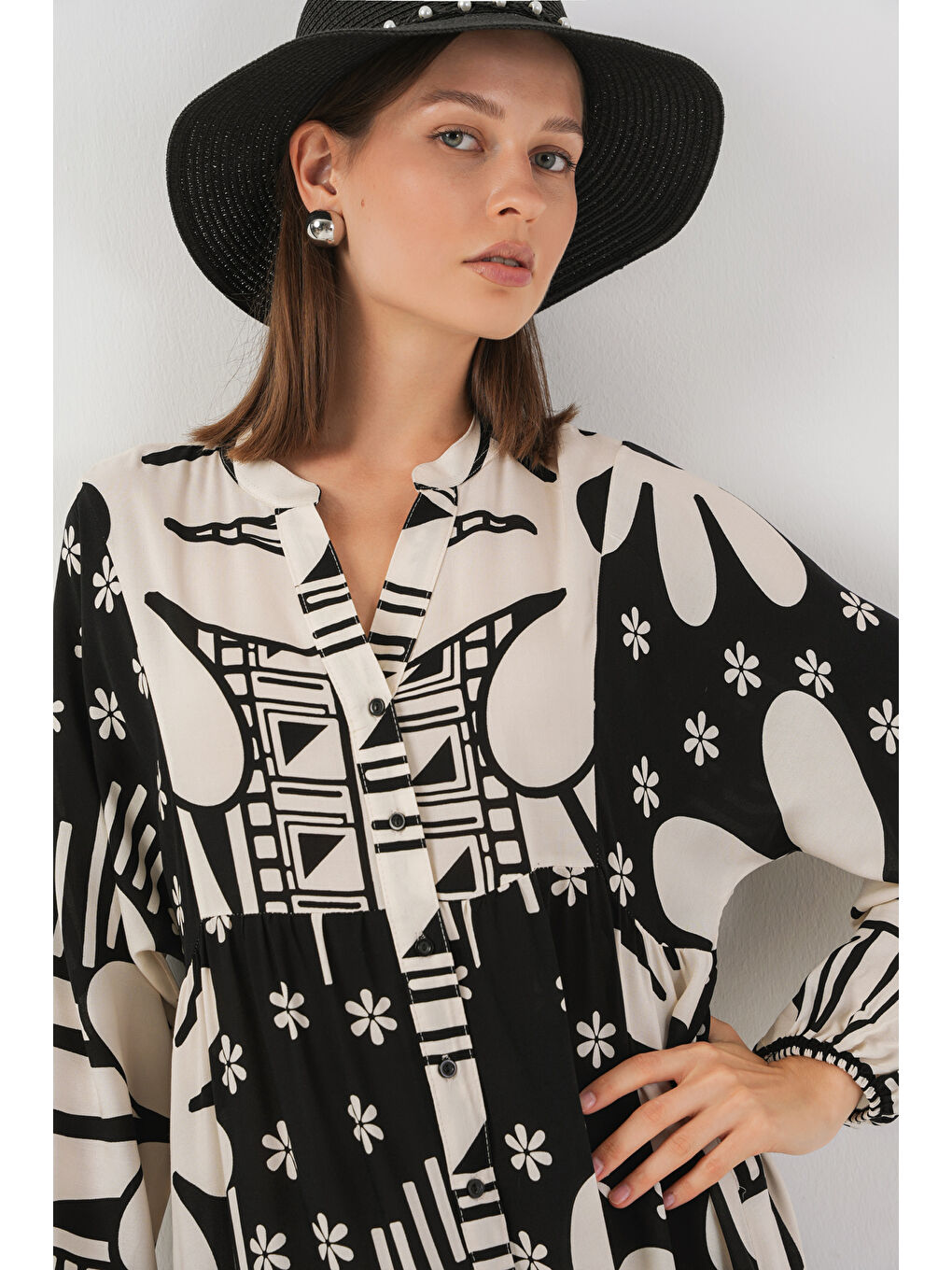 Kadın Desenli Uzun Tesettür Elbise 2585 - D. Siyah-1