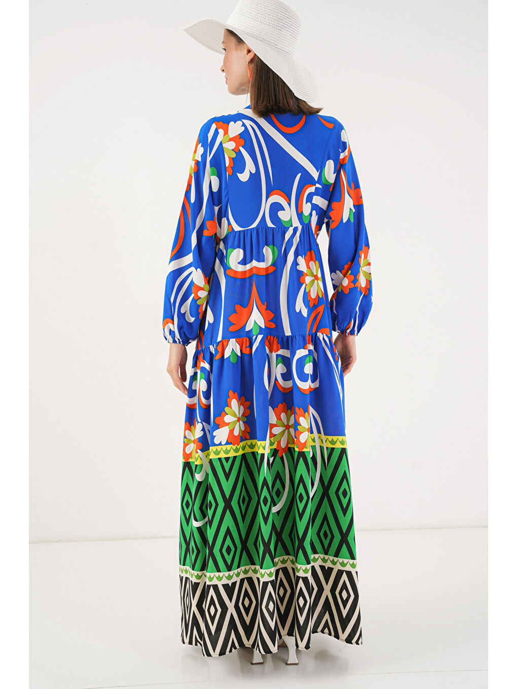 Kadın Desenli Uzun Tesettür Elbise 2585 - A.Turuncu-5