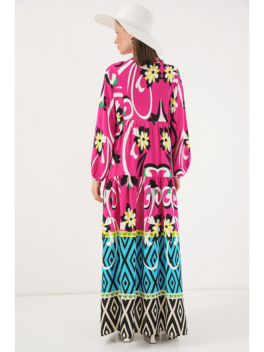 Kadın Desenli Uzun Tesettür Elbise 2585 - A.Fuşya-5