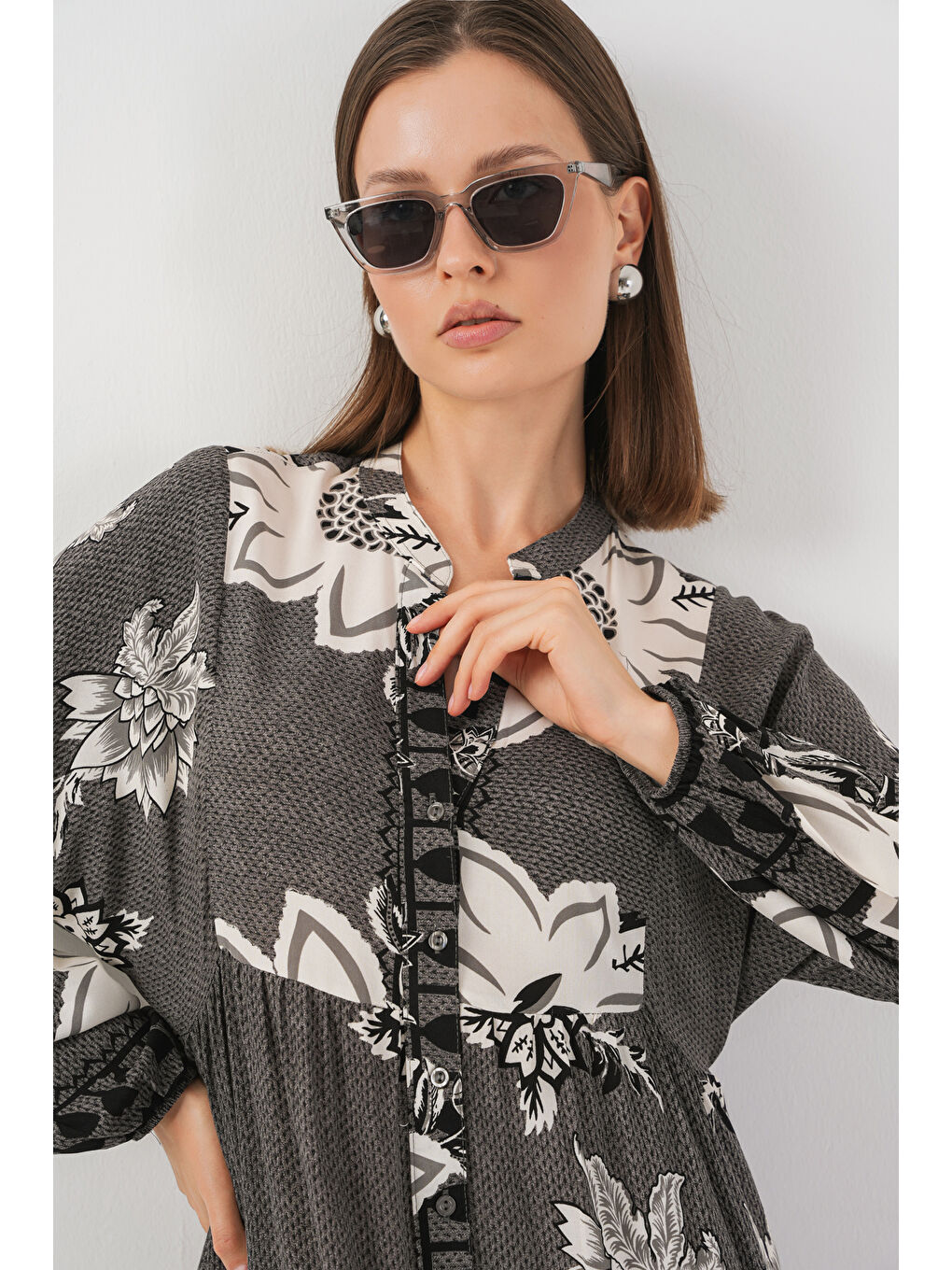 Kadın Desenli Uzun Tesettür Elbise 2585 - Antrasit-1