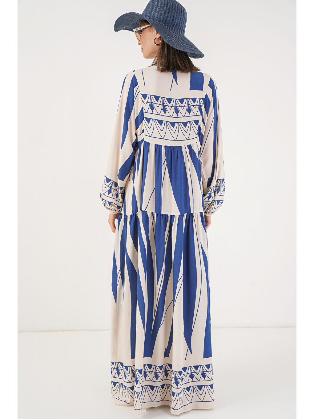 Antrasit Kadın Desenli Uzun Tesettür Elbise 2585 - C. İndigo-5