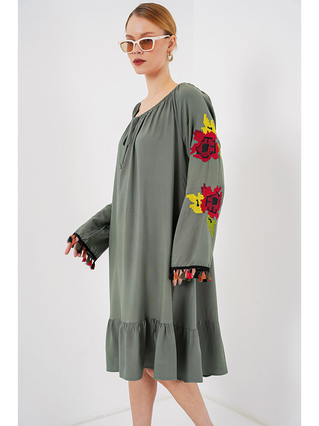 Nakışlı Midi Elbise 2531 - Haki-2