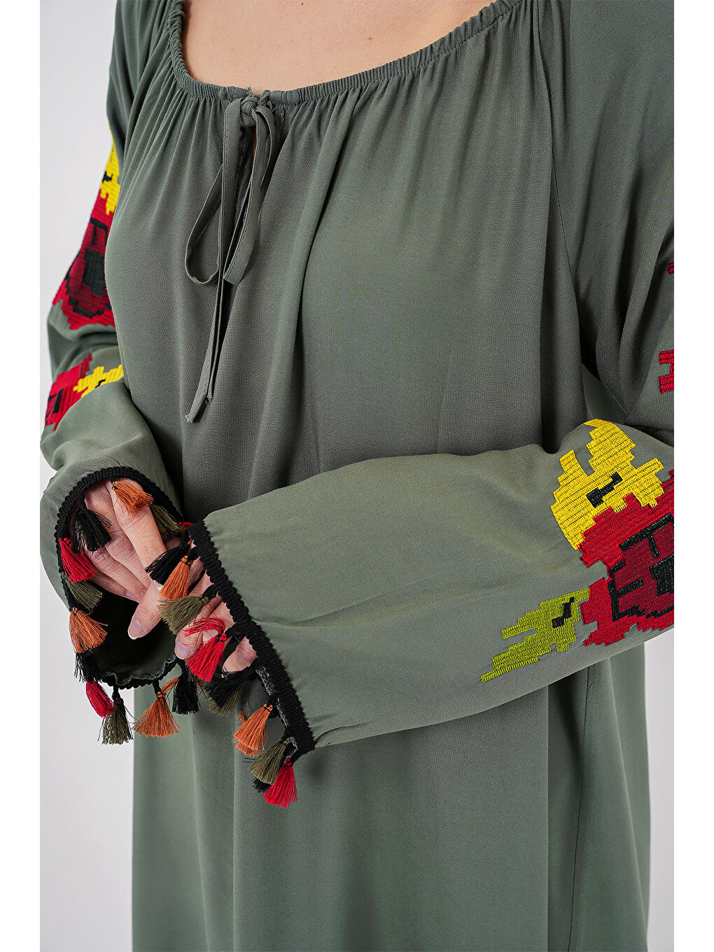 Nakışlı Midi Elbise 2531 - Haki-4