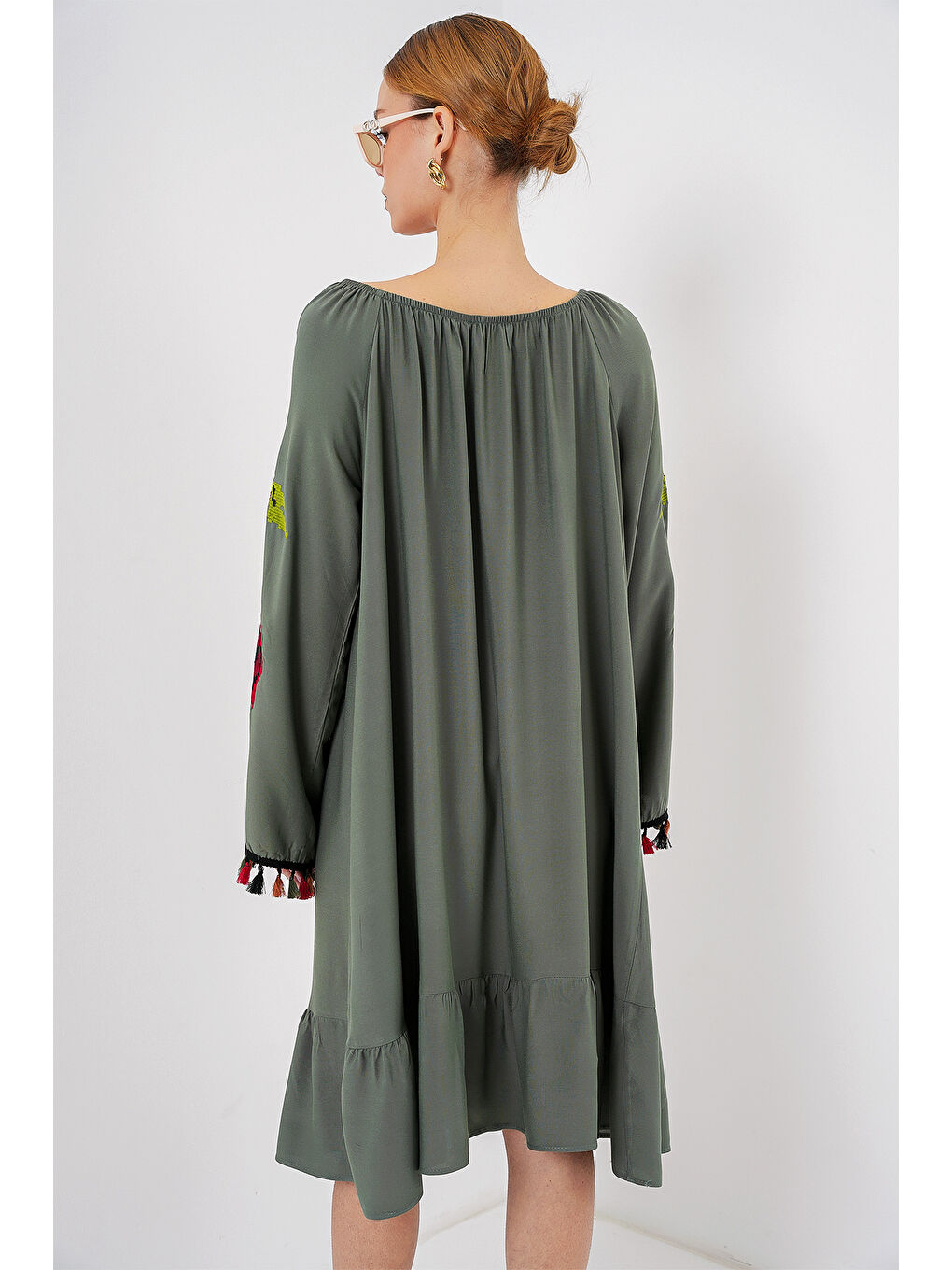 Nakışlı Midi Elbise 2531 - Haki-5