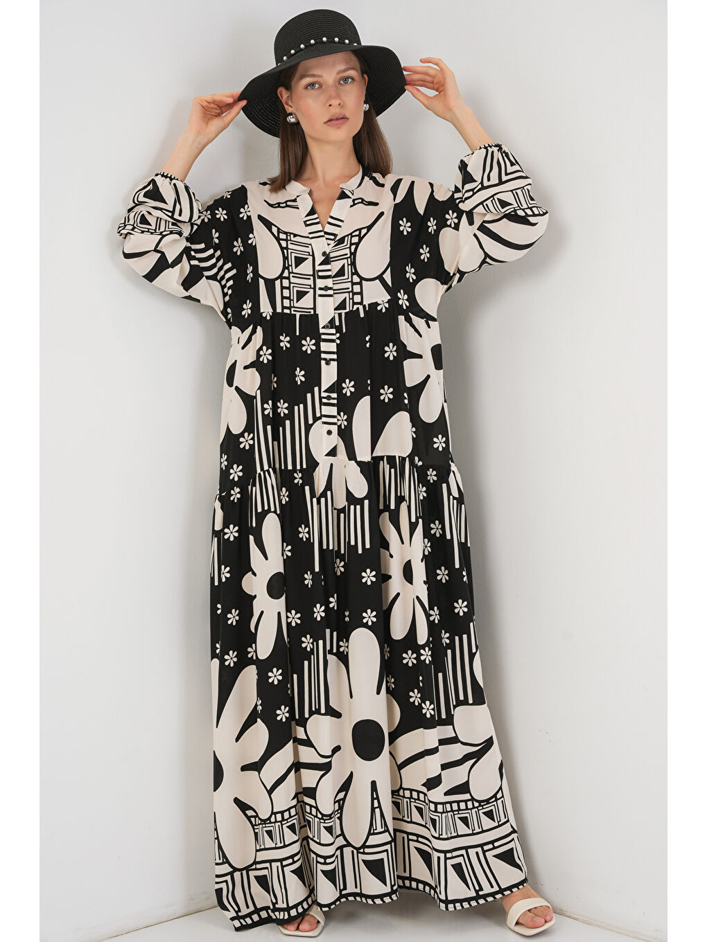 Kadın Desenli Uzun Tesettür Elbise 2585 - D. Siyah-2