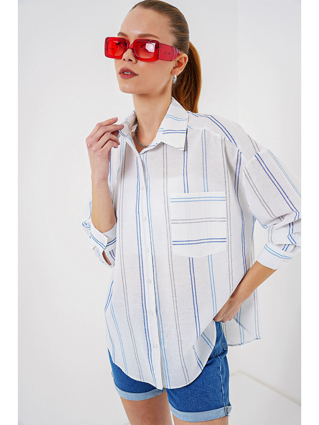 Kadın Çizgili Oversize Gömlek 20278 - Beyaz-2
