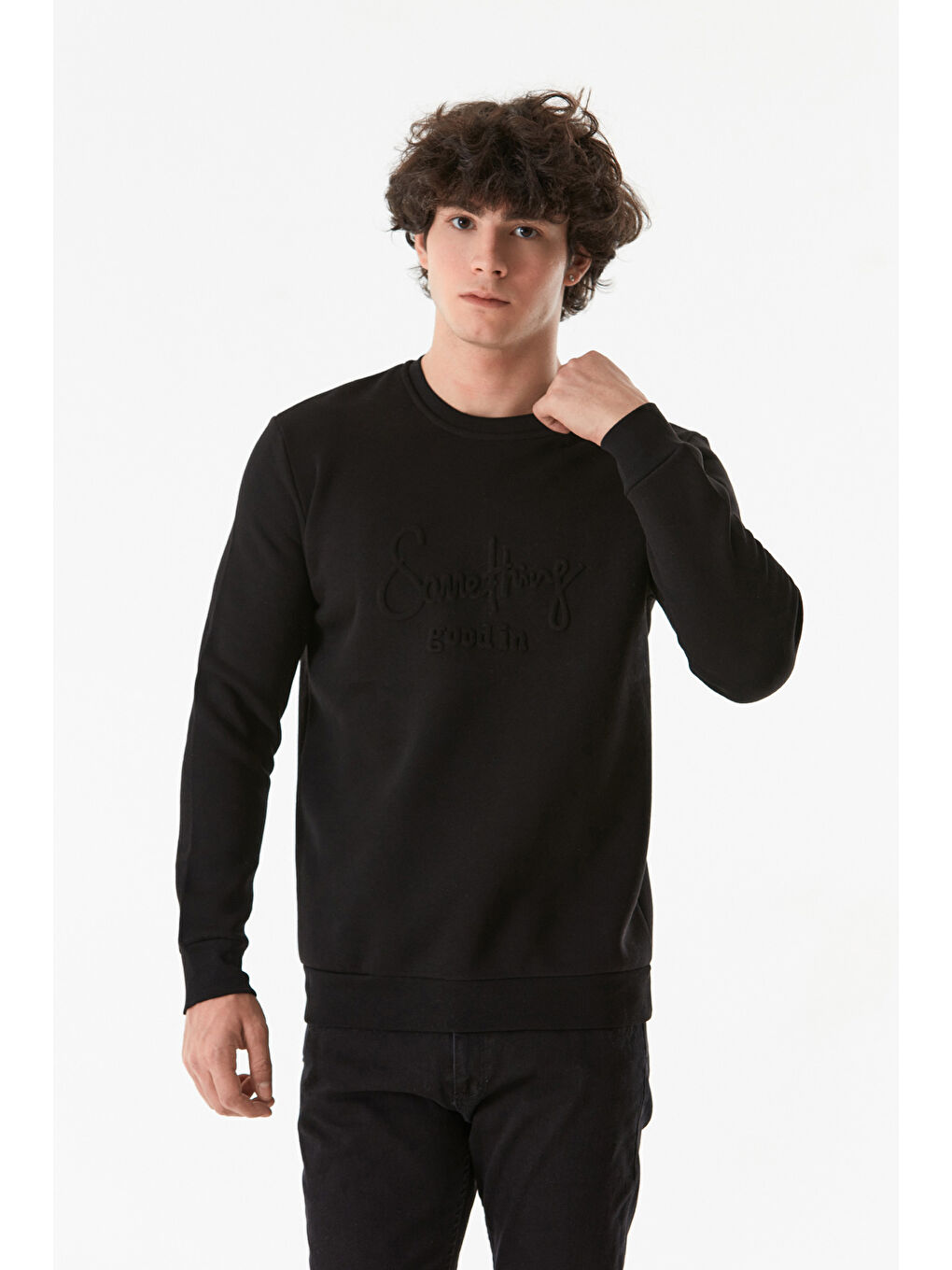 Fullamoda Siyah Kabartmalı Bisiklet Yaka Sweatshirt - 1