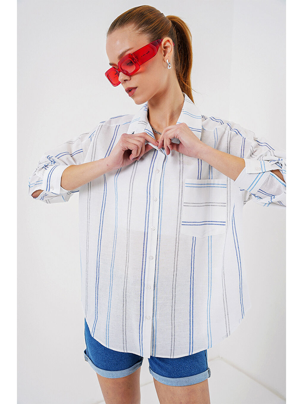 Kadın Çizgili Oversize Gömlek 20278 - Beyaz-3