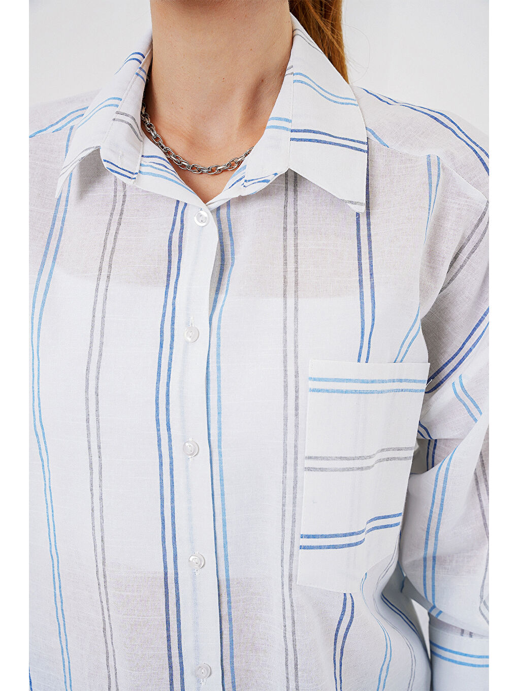 Kadın Çizgili Oversize Gömlek 20278 - Beyaz-4